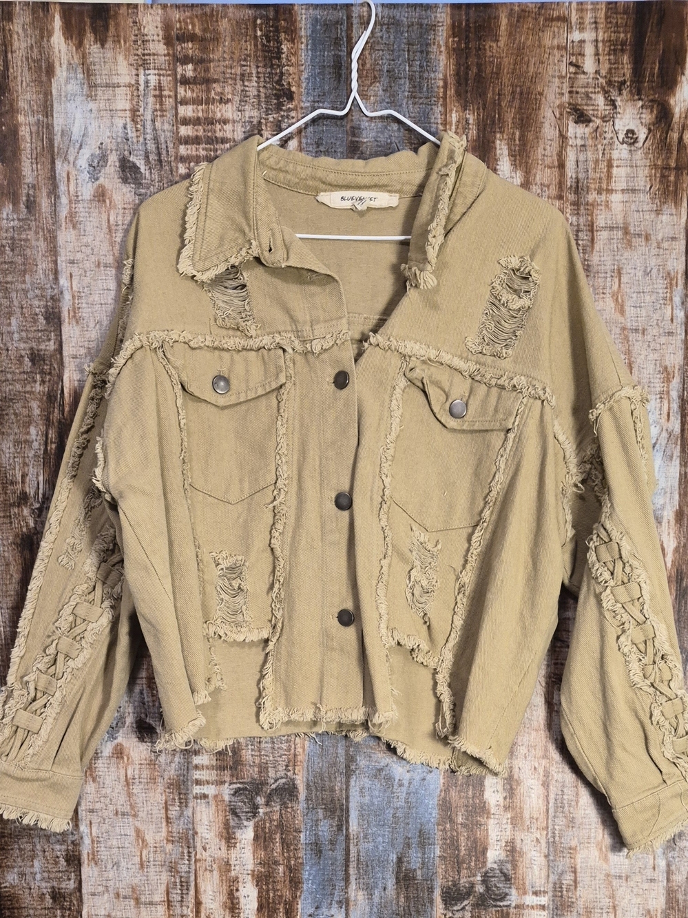 BlueVelvet Small Distressed Cropped Jean Jacket - Tan